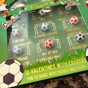 ❤️⚽️Jubillie Press 12 VALENTINES WITH SOCCER ERASERS - post is for one box.